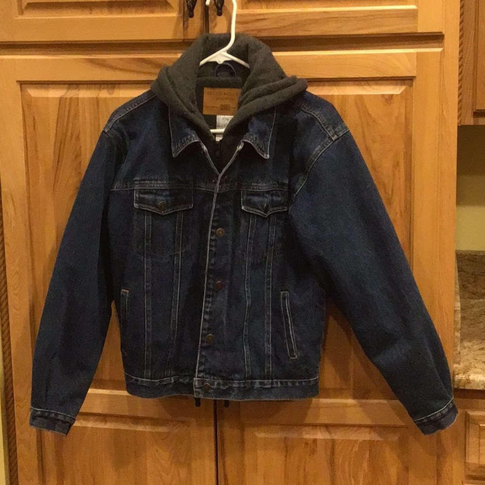 Faded Glory Blue Jean Jacket with Gray Fleece Lining & Hood
